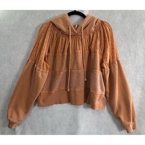 FREE PEOPLE Women Piper Pieced Crop Raw Edges Hoodie Sz L Orange Mango 2-27